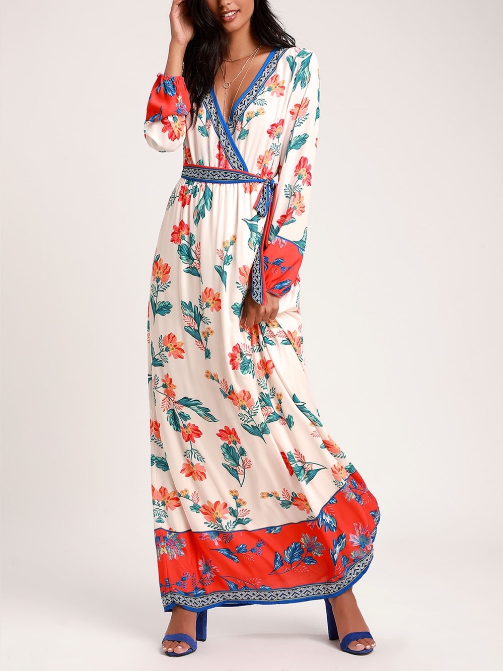 Lulus Sunrise To The Occasion Maxi Dress Cream Print Long Sleeve XL NWT
